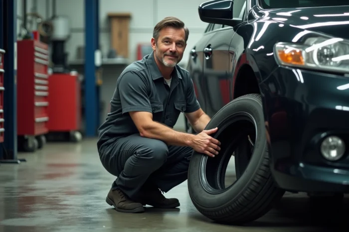 Un mécanicien installe un pneu acheté sur internet dans un garage automobile indépendant