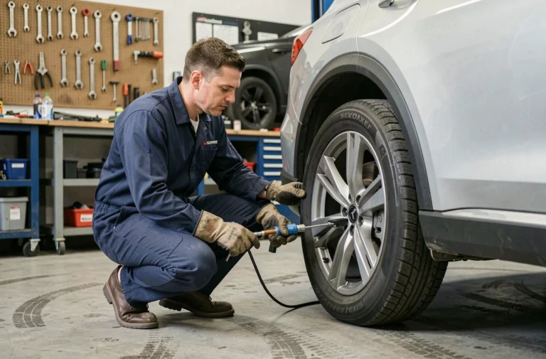 Mécanicien vérifiant la pression des pneus d'un SUV moderne dans un garage professionnel équipé