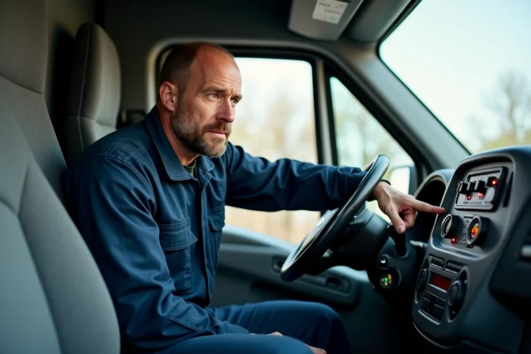 Mécanicien pointant les voyants du tableau de bord d'un Iveco Daily dans une cabine de fourgon