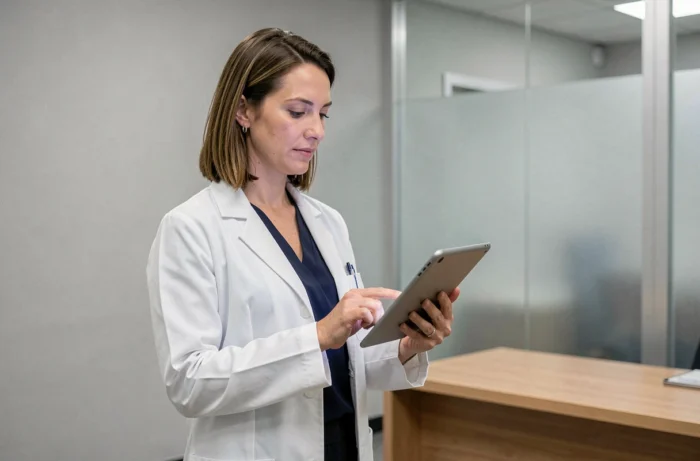 Médecin femme consultant des données médicales sur une tablette dans un cabinet hospitalier moderne