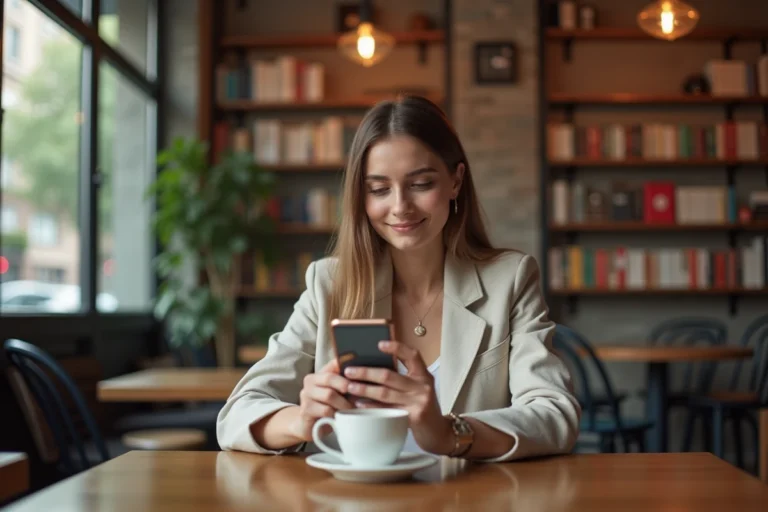 Femme utilisant une application de traduction sur son smartphone dans un café moderne, illustrant le thème des meilleures applications de traduction gratuites en 2024