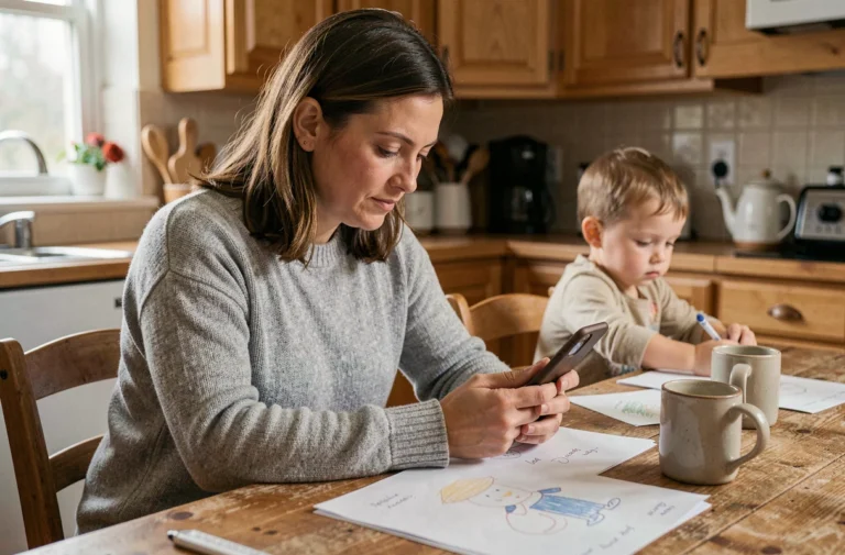 Mère de famille consultant une application de coaching parental sur son smartphone dans une cuisine chaleureuse, enfant jouant en arrière-plan