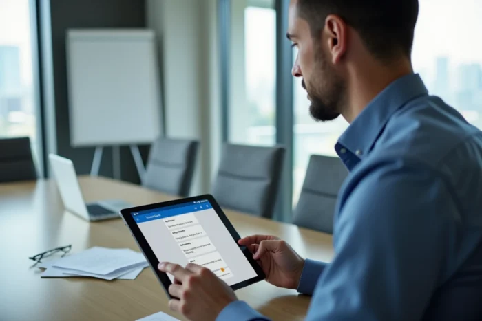 Homme d'affaires utilisant l'application Microsoft Traducteur sur une tablette lors d'une réunion en salle de conférence moderne
