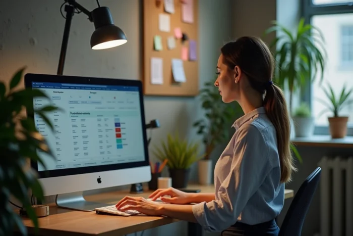 Traductrice freelance utilisant la plateforme OpenL sur un écran d'ordinateur dans un espace de travail créatif moderne avec des plantes et des murs en béton