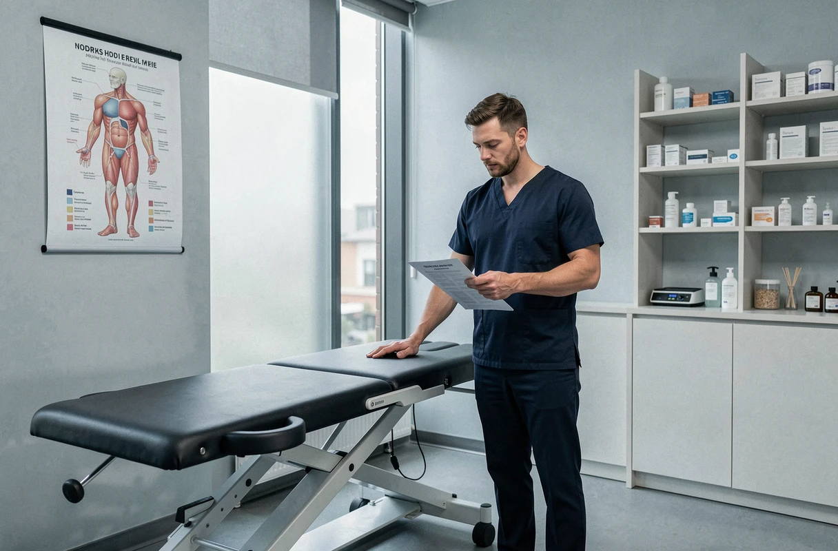 Ostéopathe masculin évaluant une table de massage électrique réglable en hauteur dans un cabinet médical moderne