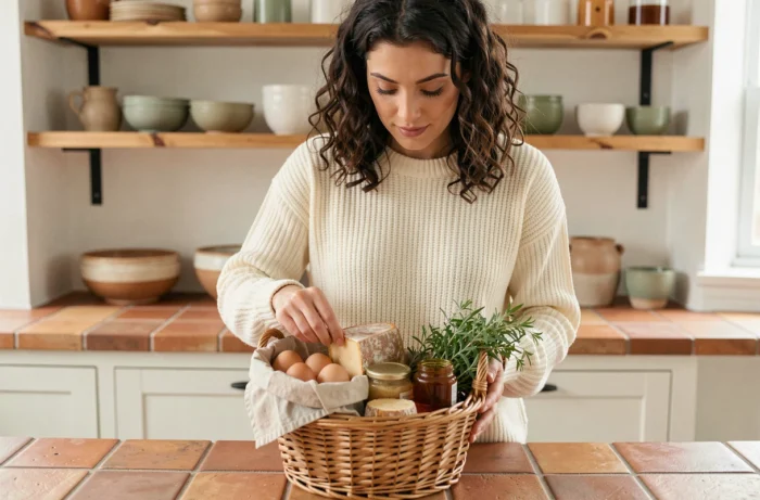 Jeune femme déballant un panier de produits fermiers locaux dans une cuisine moderne et chaleureuse