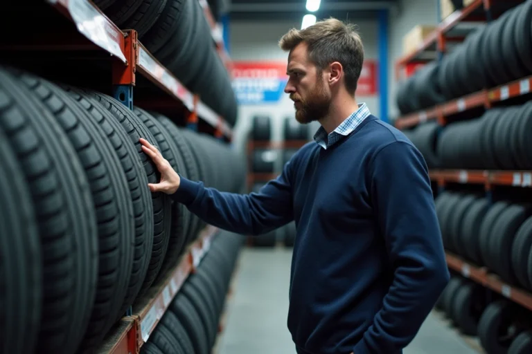Un particulier examine un pneu dans un magasin spécialisé, illustrant l'achat de pneus sur Maxityre