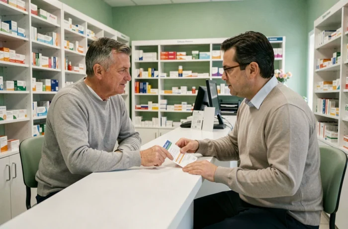Patient en consultation avec un pharmacien dans une pharmacie moderne bien équipée