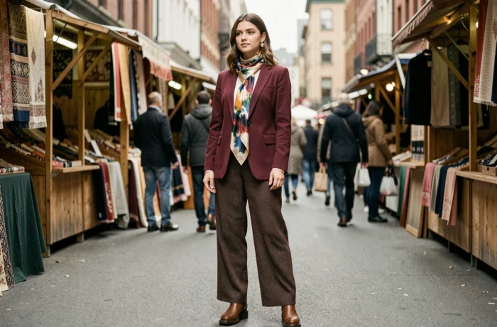 Jeune femme affirmant sa personnalité avec un blazer vintage bordeaux, un foulard peint à la main et des bottines artisanales dans un marché urbain animé
