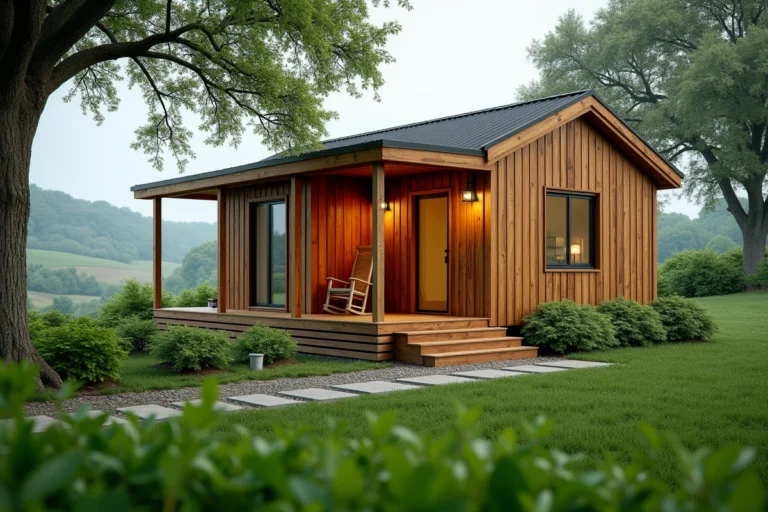 Petite maison écologique en bois avec jardin potager et terrasse couverte en zone rurale