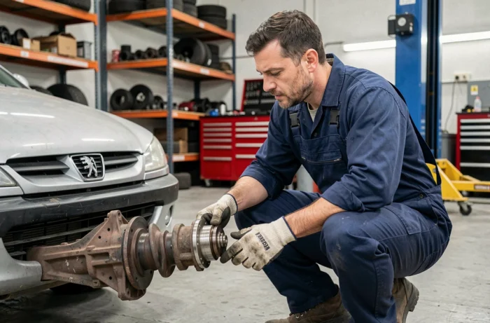Mécanicien inspectant les composants de transmission modifiés d'un Peugeot P4 en atelier