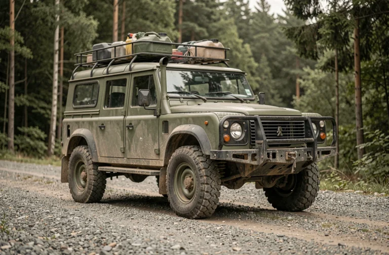 Peugeot P4 militaire modifiée avec suspension rehaussée et pneus tout-terrain sur piste forestière