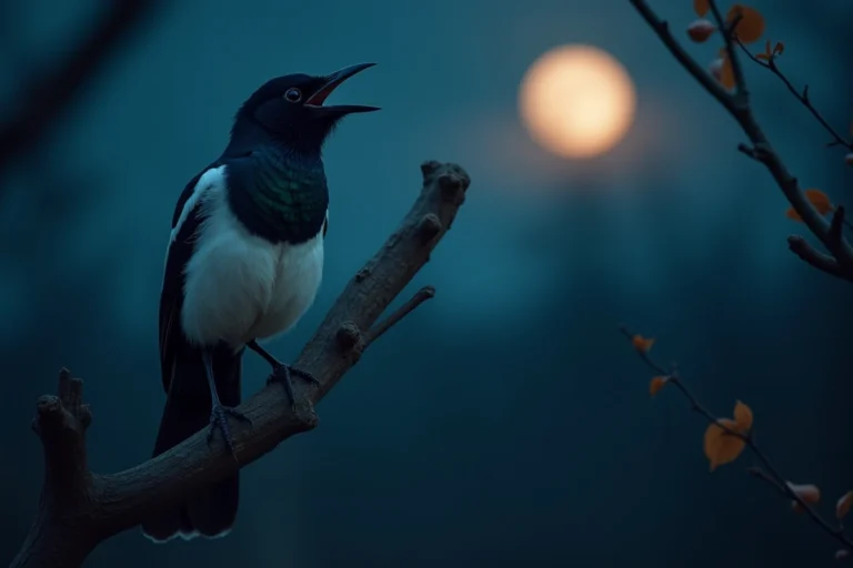 Pie bavarde perchée sur une branche la nuit en train de crier, plumage iridescent bleu-vert sous un ciel nocturne sombre