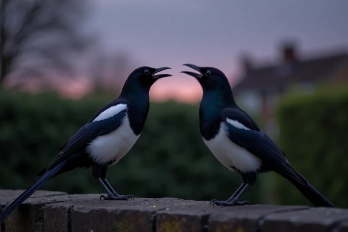 Deux pies sur un mur de jardin au crépuscule, l'une criante et l'autre en alerte dans un cadre résidentiel nocturne