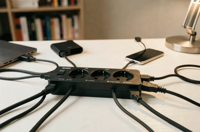 Pieuvre électrique multi-prises avec protection de surtension posée sur un bureau de bureau moderne