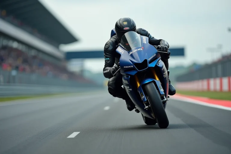 Pilote moto en combinaison aérodynamique en pleine accélération sur circuit, vue en contre-plongée mettant en valeur les performances de la superbike