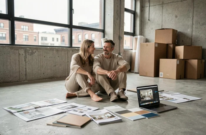 Couple planifiant le choix des équipements pour aménager une maison moderne