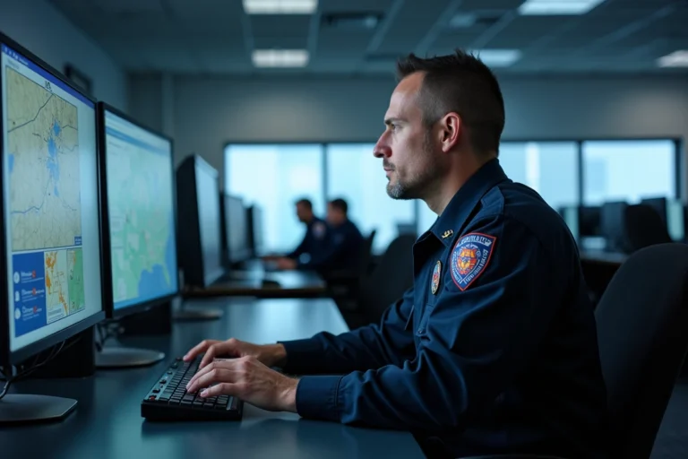 Pompier en uniforme travaillant sur un logiciel de gestion des secours dans un centre opérationnel de SDIS