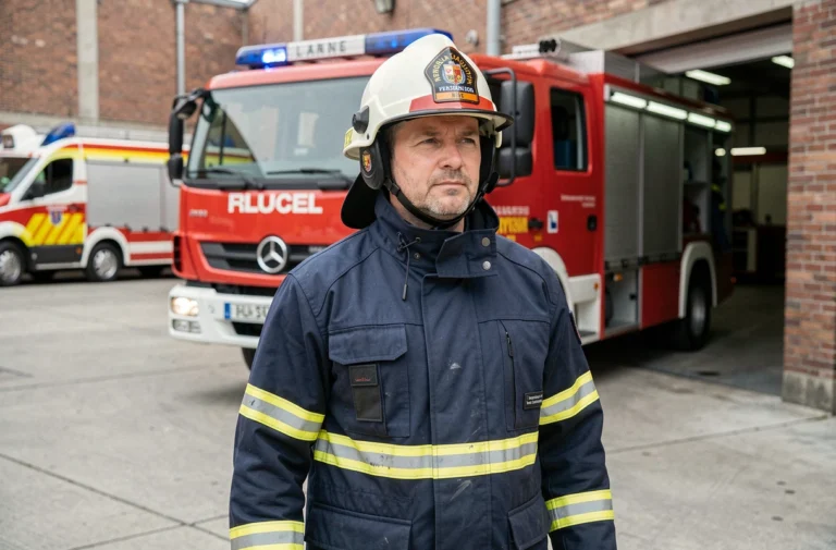 Pompier en tenue complète devant un camion de pompiers rouge dans une caserne urbaine française
