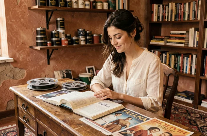 Jeune femme italienne feuilletant un livre de prénoms inspirés du cinéma dans un appartement romain vintage