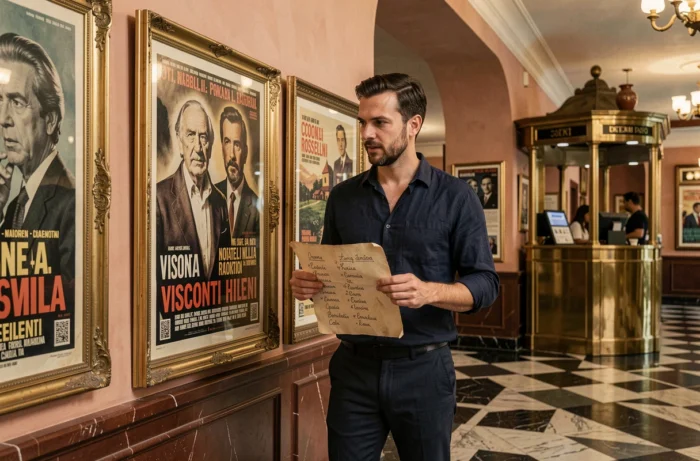 Homme tenant une liste de prénoms italiens devant des affiches de cinéma classique dans un hall de cinéma rétro