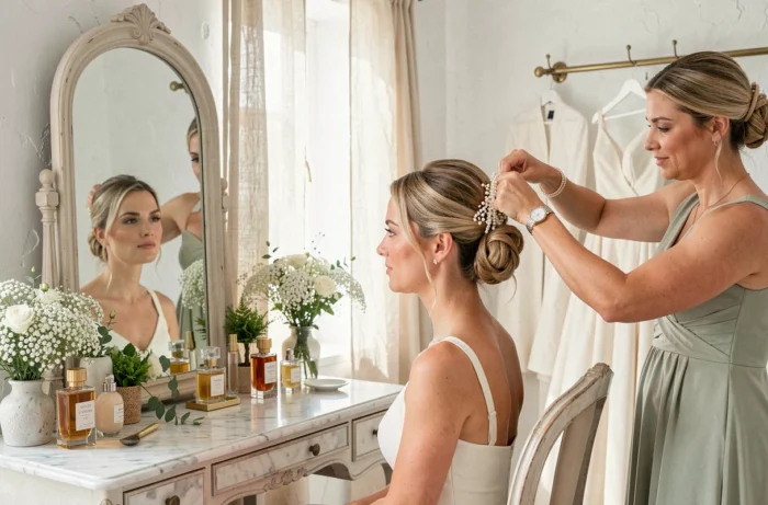 Mariée assise devant un miroir vintage dans un salon de préparation lumineux pendant qu'une demoiselle d'honneur lui coiffe les cheveux avec un peigne en perles pour le jour du mariage