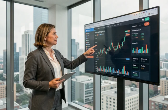 Femme professionnelle présentant des données financières sur un tableau de bord d'investissement numérique