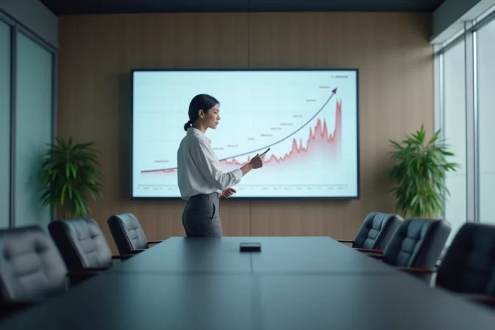 Femme présentant l'évolution du cours de l'action Airbus sur plusieurs cycles boursiers lors d'une réunion d'entreprise