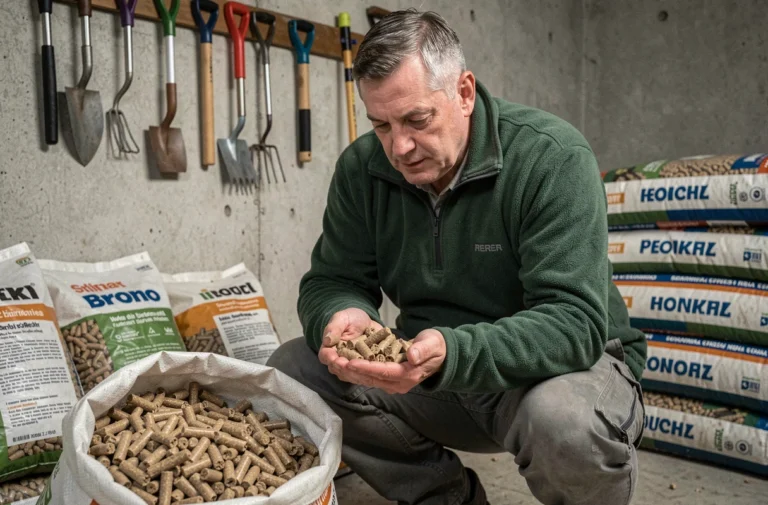 Homme examinant des pellets en bois dans un garage avec des sacs de granulés empilés contre le mur