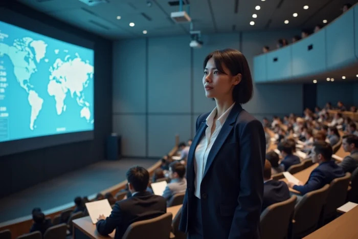 Professeure d'une école polytechnique présentant un classement mondial des universités d'ingénierie dans un amphithéâtre moderne