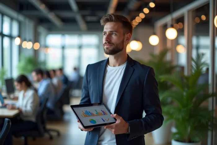 Professionnel consultant un tableau de bord d'innovations numériques dans un espace de coworking animé