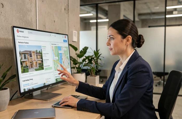 Professionnelle de l'immobilier explorant une plateforme immobilière numérique sur écran tactile dans un bureau moderne en 2026
