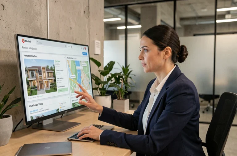 Professionnelle de l'immobilier explorant une plateforme immobilière numérique sur écran tactile dans un bureau moderne en 2026