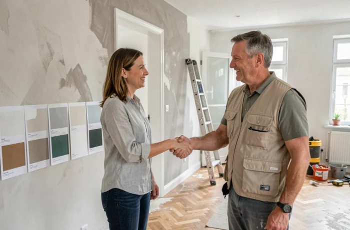 Propriétaire et artisan se serrant la main lors d'un accord pour des travaux de rénovation
