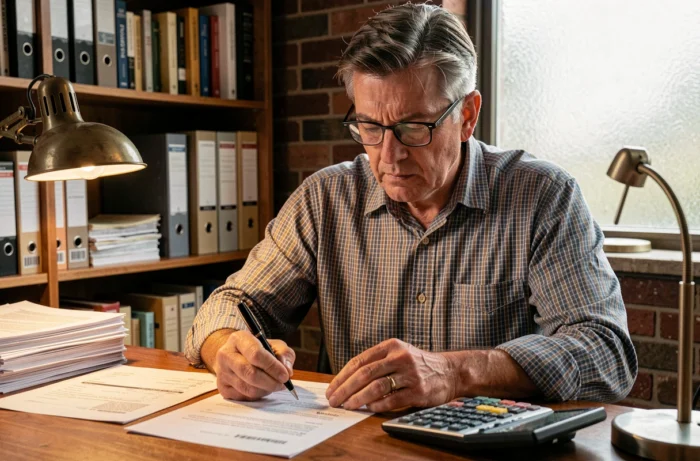 Propriétaire d'une petite entreprise examinant un contrat de prêt bancaire dans son bureau pour choisir la meilleure option de financement