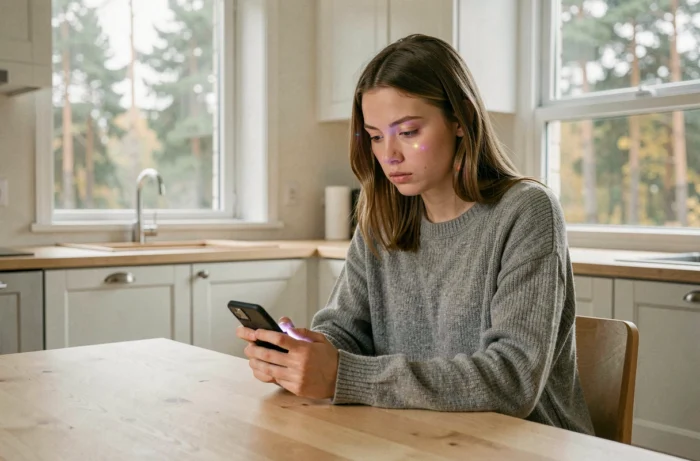 Jeune femme scandinave songeuse tenant un smartphone dans une cuisine minimaliste, ambiance série policière nordique Netflix Quicksand