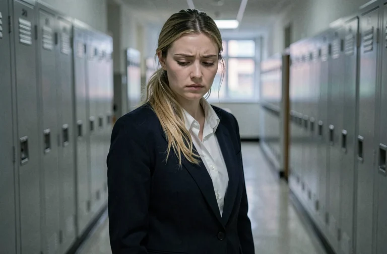 Jeune femme blonde en uniforme scolaire dans un couloir de lycée pour illustrer la série Quicksand saison 2 sur Netflix