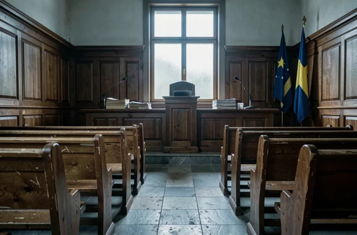 Salle d'audience scandinave vide aux boiseries sombres évoquant le procès central de la série Quicksand saison 2 Netflix