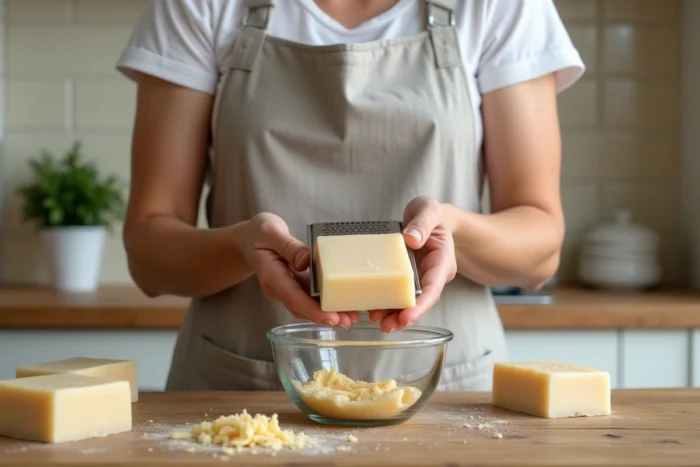 Femme râpant un savon naturel avec une râpe en métal dans un bol en verre sur un plan de travail en bois, étape de préparation pour refondre du savon maison