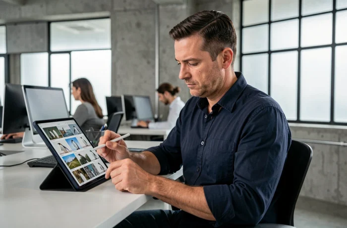 Homme utilisant une tablette pour naviguer dans une galerie de photos de manchots afin de retrouver l'image d'origine