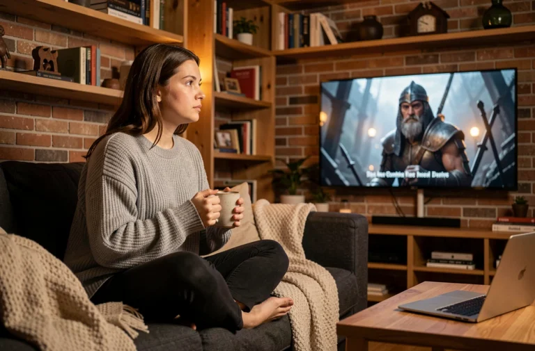Jeune femme regardant une série médiévale en streaming sur son téléviseur dans un salon cosy