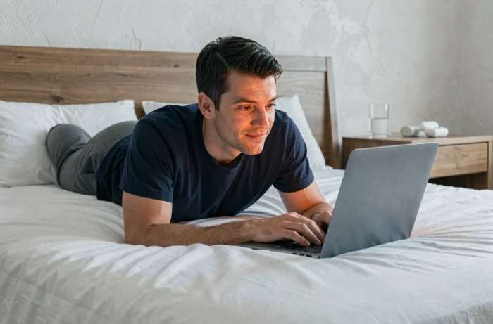 Homme regardant une série fantasy en streaming sur un ordinateur portable allongé sur son lit