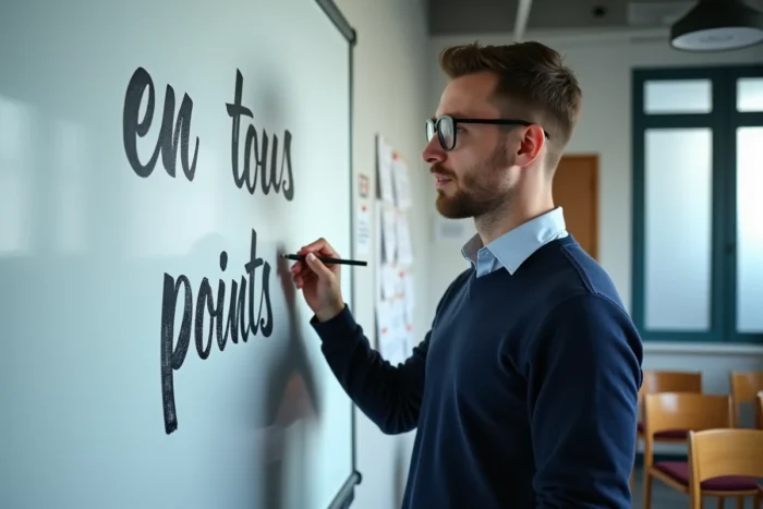 Enseignant expliquant la règle orthographique en tous points devant un tableau blanc dans une salle de classe moderne