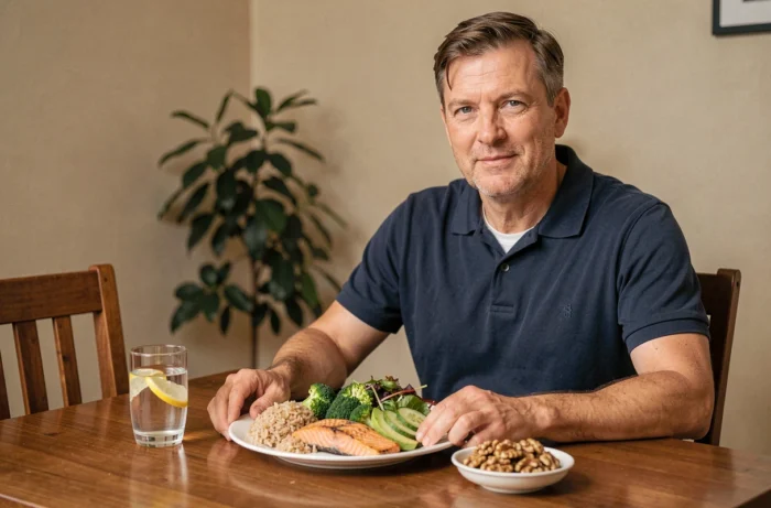 Homme attablé devant un repas équilibré pauvre en sel et riche en protéines, recommandé pendant un traitement à la cortisone