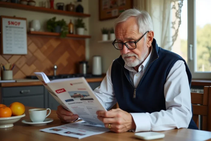 Homme retraité lisant une brochure SNCF sur le pass Carmillon à table dans une cuisine française
