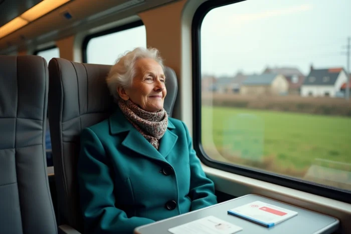 Femme retraitée dans un TGV avec son pass Carmillon SNCF posé sur la tablette, regardant le paysage par la fenêtre