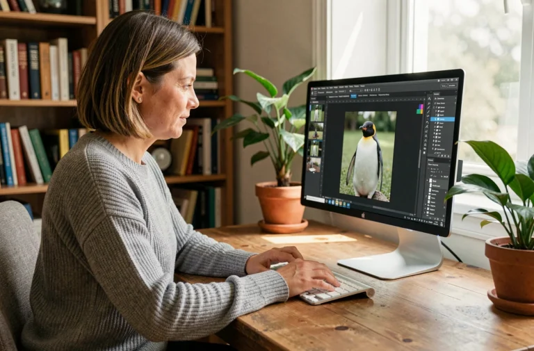 Femme consultant une interface de retouche photo pour retrouver l'image originale d'un manchot sur un ordinateur