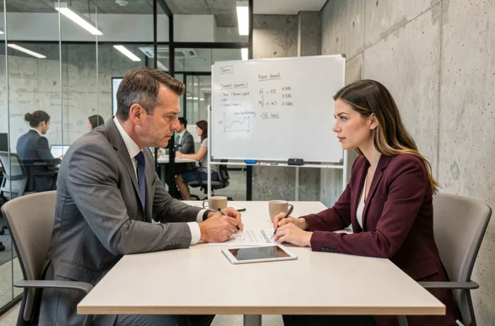 Deux professionnels discutant d'une proposition de financement d'entreprise lors d'une réunion dans une salle de conférence moderne