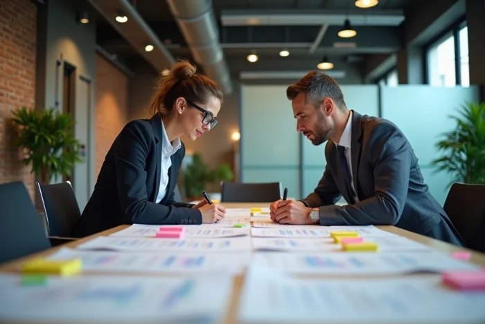 Deux professionnels discutant d'un plan d'investissement stratégique autour de documents financiers dans un espace de coworking moderne