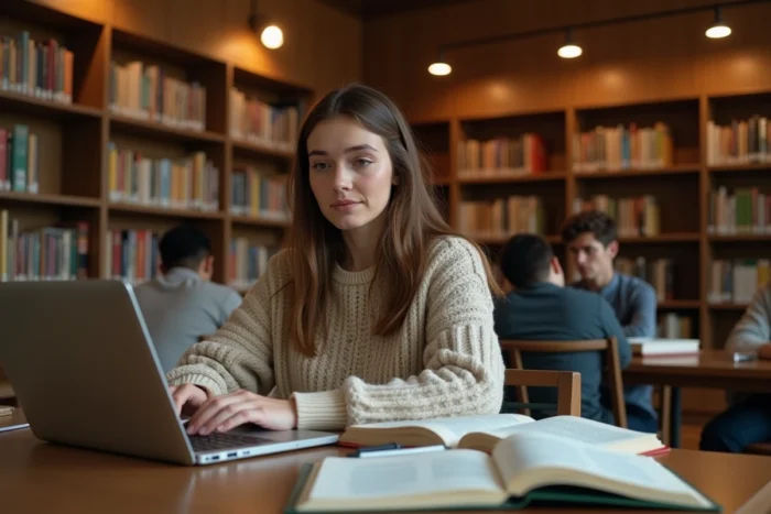 Étudiante universitaire utilisant Reverso sur un ordinateur portable dans une bibliothèque académique pour aider à la traduction et la conjugaison